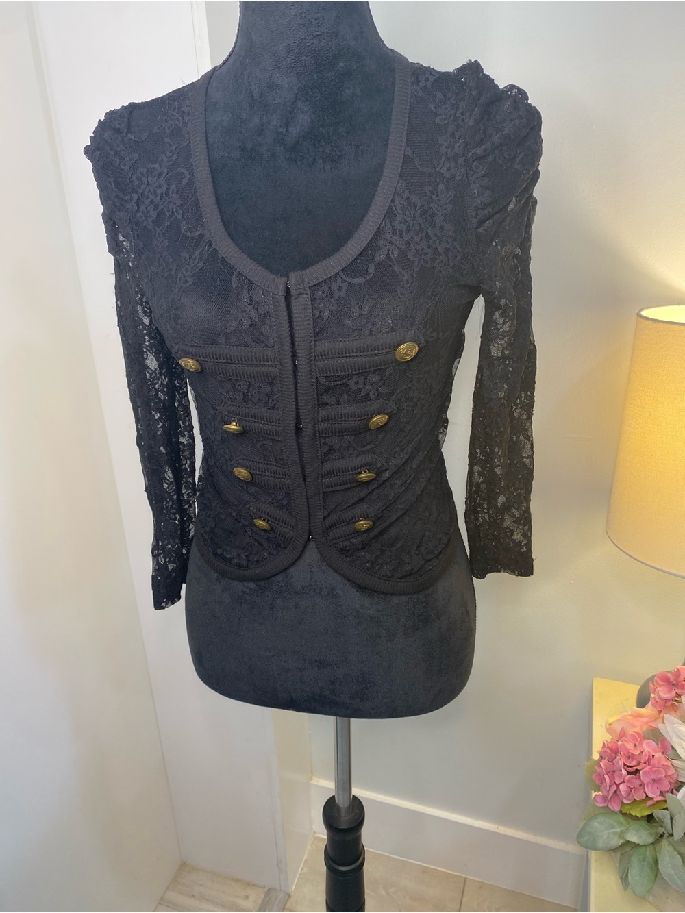 Black Lace Cropped Military-Style Blazer with Gold Buttons